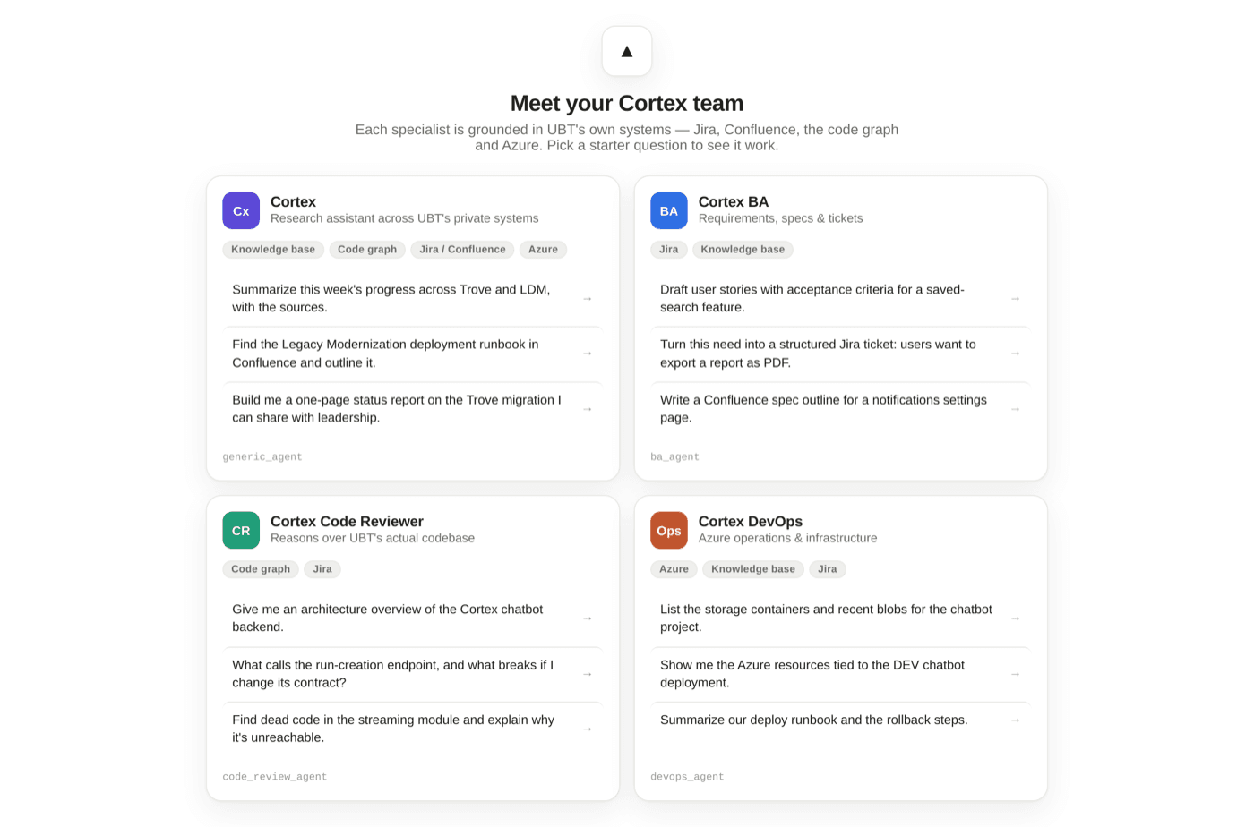 The delivered Cortex chatbot's own "meet the team" screen